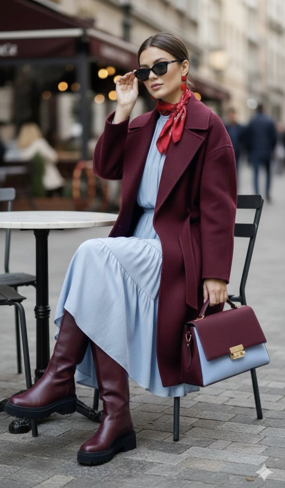 Mujer elegante sentada en una cafetería con abrigo burdeos, pañuelo rojo y botas altas de cuero